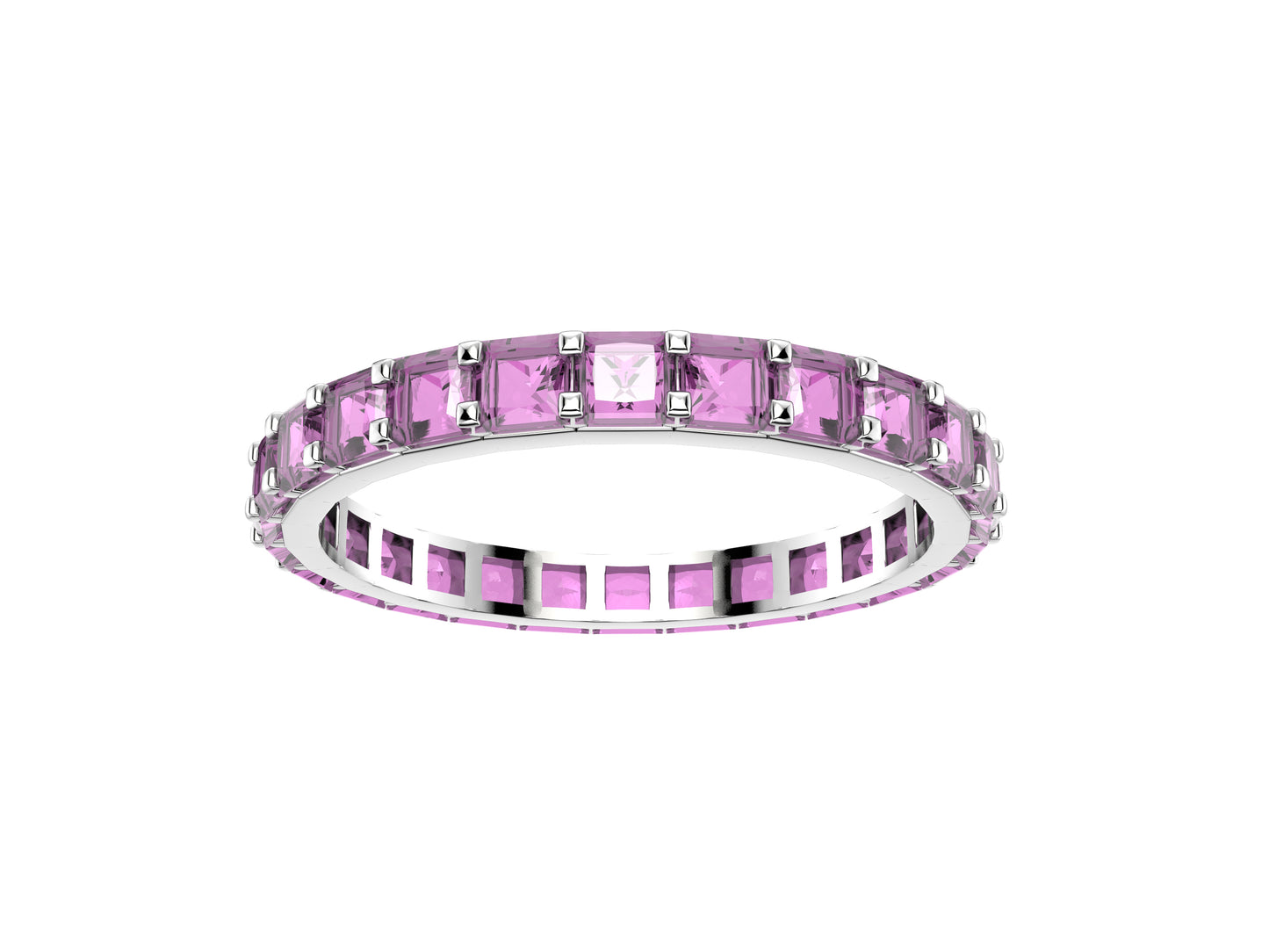 Rainbow ring, width 2.5 mm, 18 K white gold, set with 26 pink sapphire.