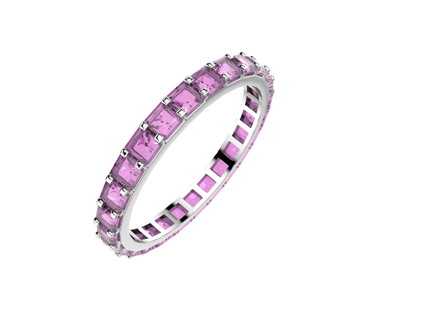 Rainbow ring, width 2.5 mm, 18 K white gold, set with 26 pink sapphire.