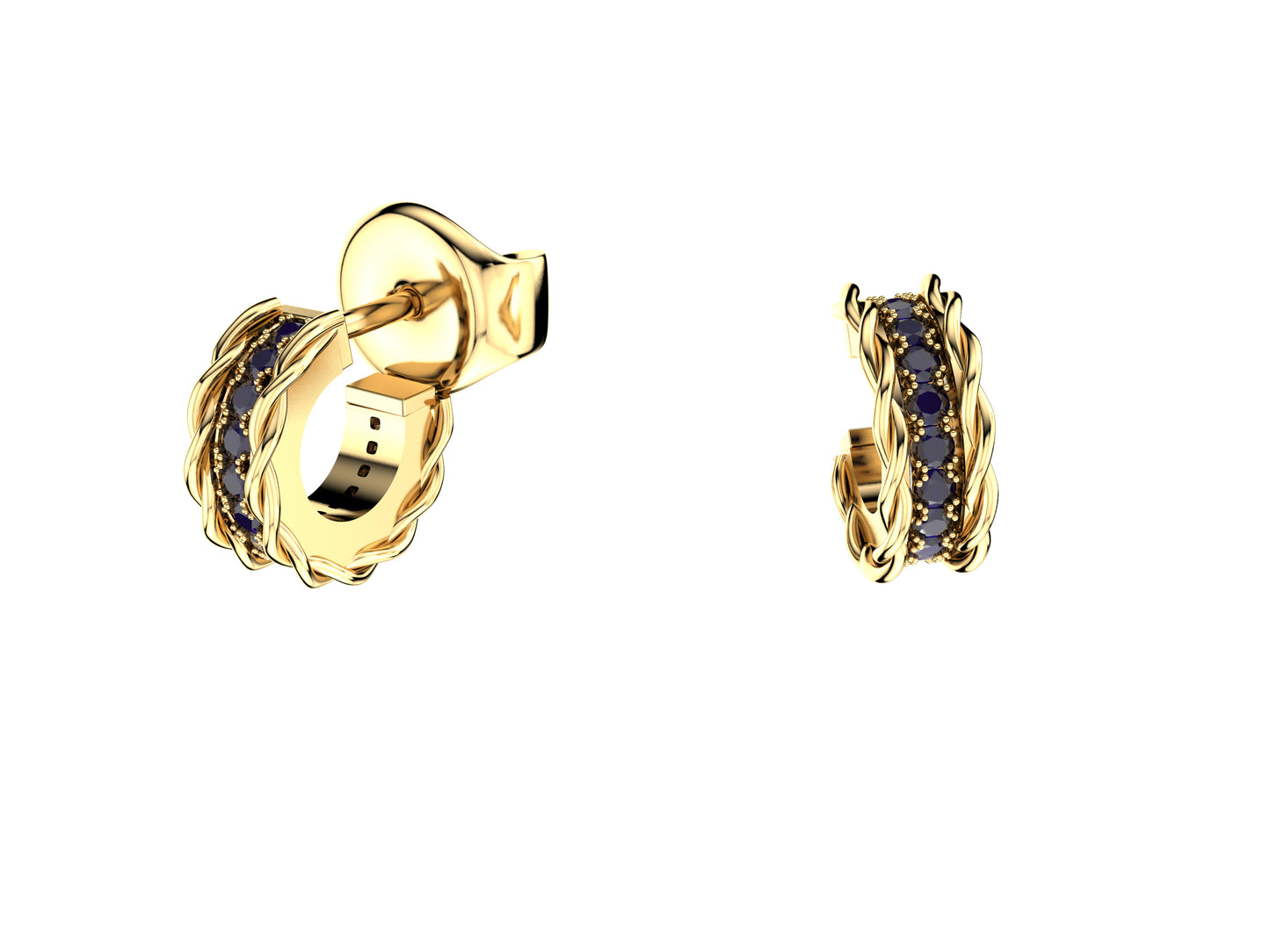 Hit New Style earrings, 18K yellow gold, 28 violet spinel totaling 0,112 car. Width: 10 mm.