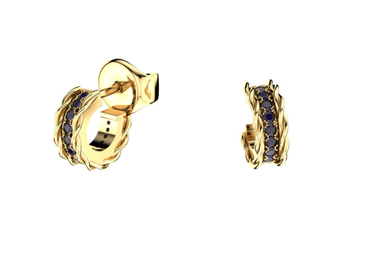 Hit New Style earrings, 18K yellow gold, 28 violet spinel totaling 0,112 car. Width: 10 mm.