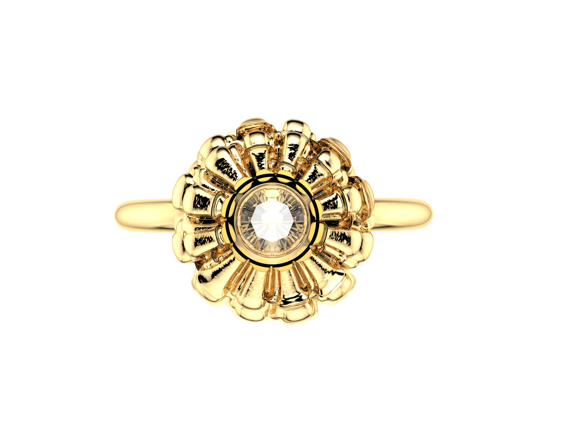 Flores de MatiJaro ring, 18K yellow gold set with brilliant-cut diamond totaling 0.23 carat. Width of the pattern: 21.1 mm.