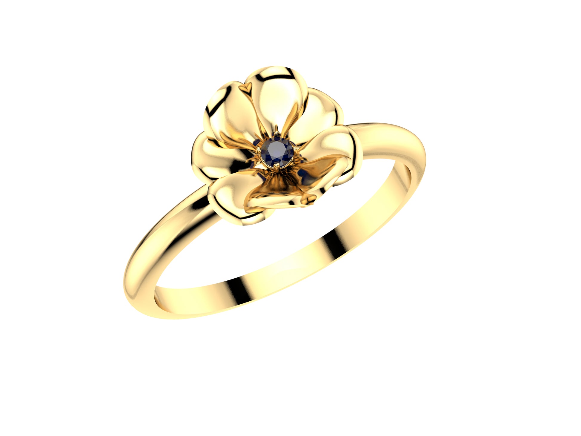 Flores de MatiJaro ring, 18K yellow gold set with brilliant-cut blue sapphire. Width of the pattern: 8.0 mm.