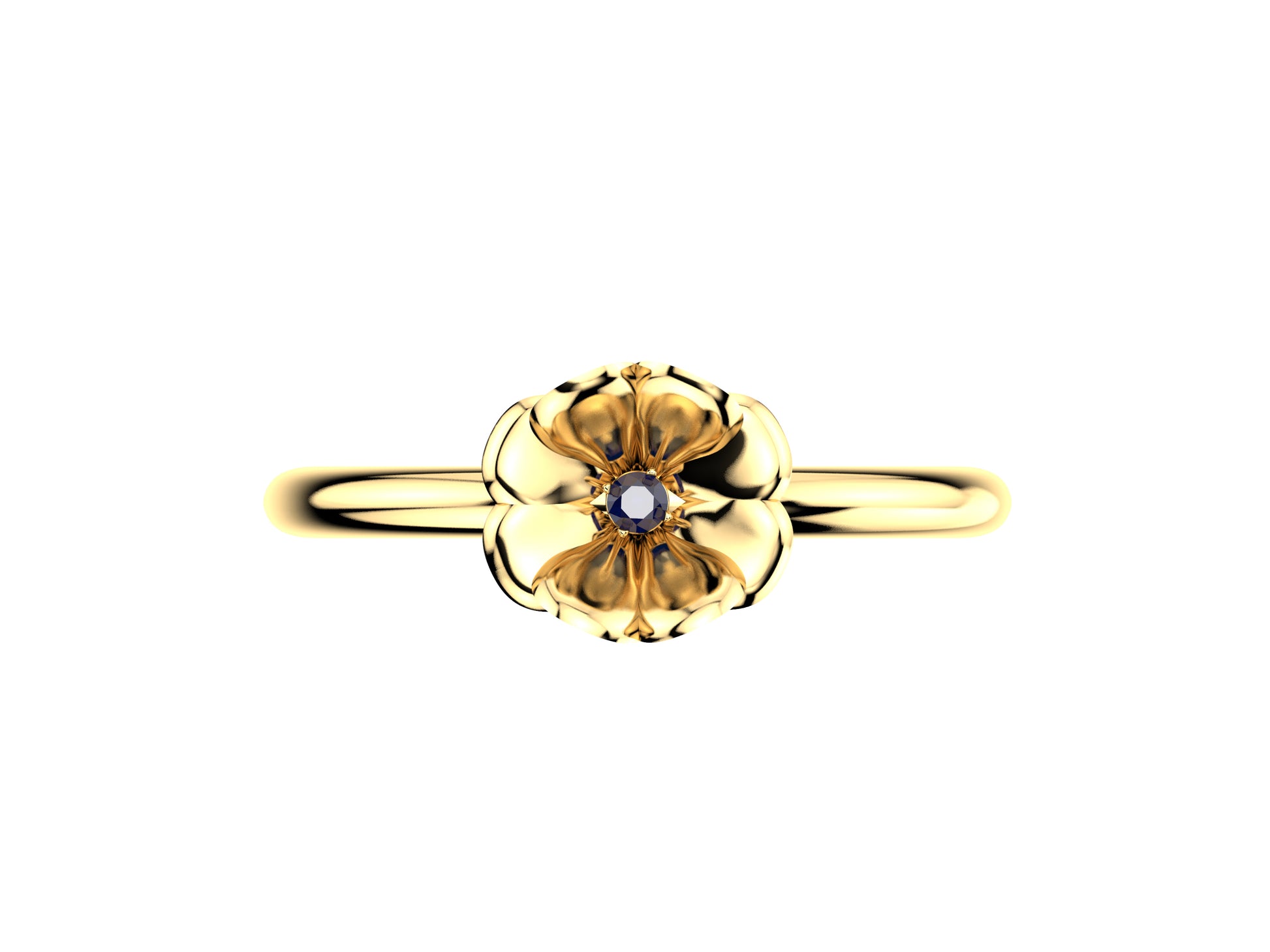 Flores de MatiJaro ring, 18K yellow gold set with brilliant-cut blue sapphire. Width of the pattern: 8.0 mm.