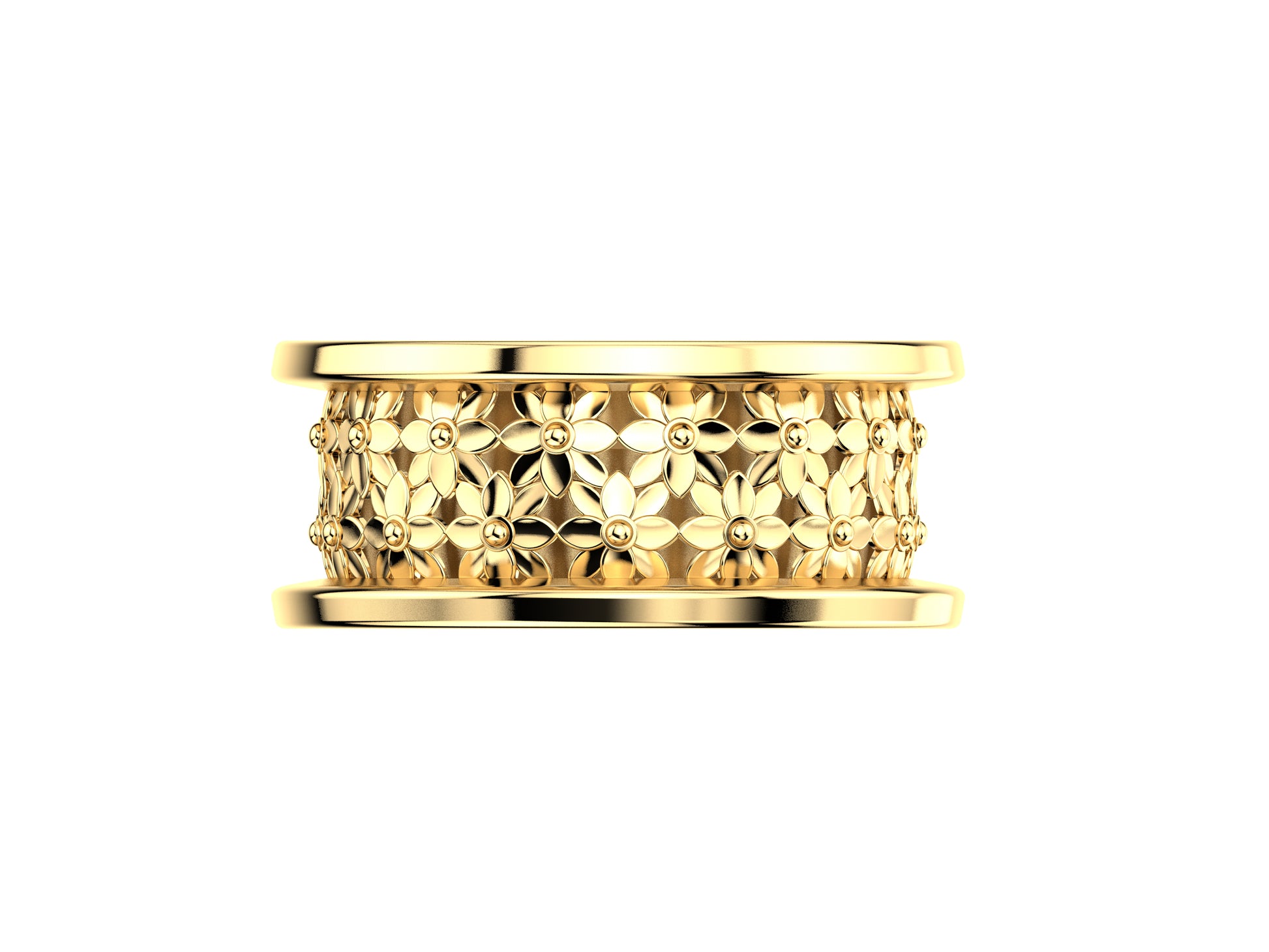 Flores de MatiJaro ring, 18K yellow gold. Width of the pattern: 8.1 mm.