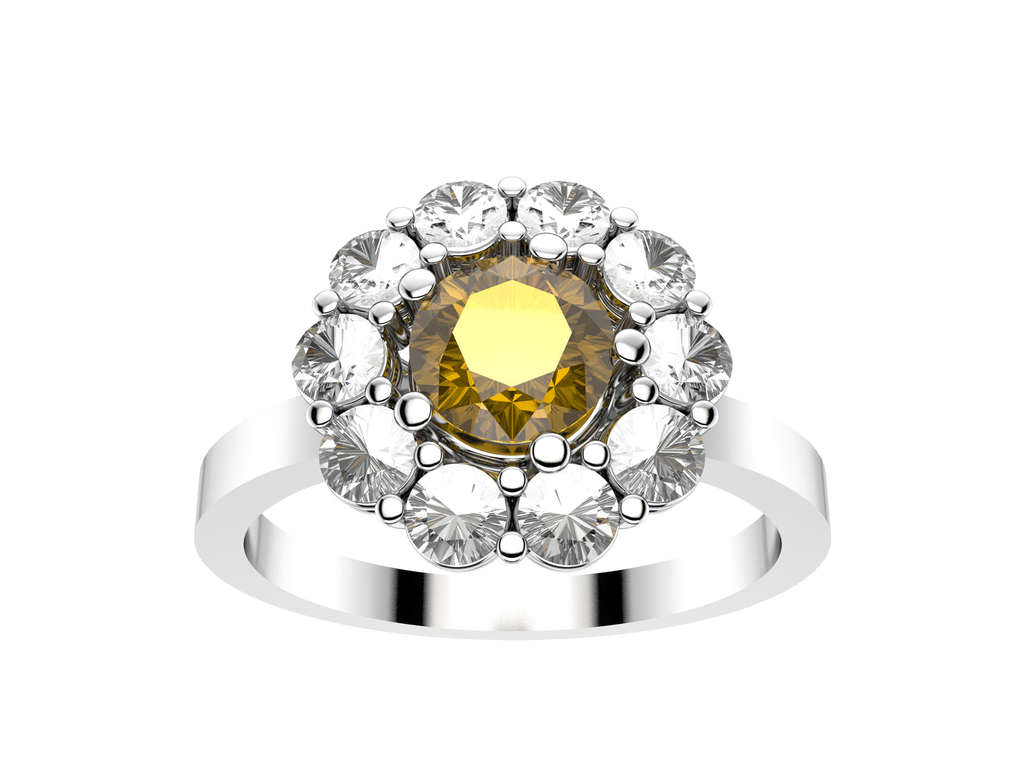 Flores engagement ring, 950‰ platinum, set with a yellow sapphire from 0.43 to 0.52 carats and paved with brilliant-cut diamonds.