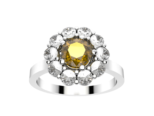 Flores engagement ring, 950‰ platinum, set with a yellow sapphire from 0.43 to 0.52 carats and paved with brilliant-cut diamonds.