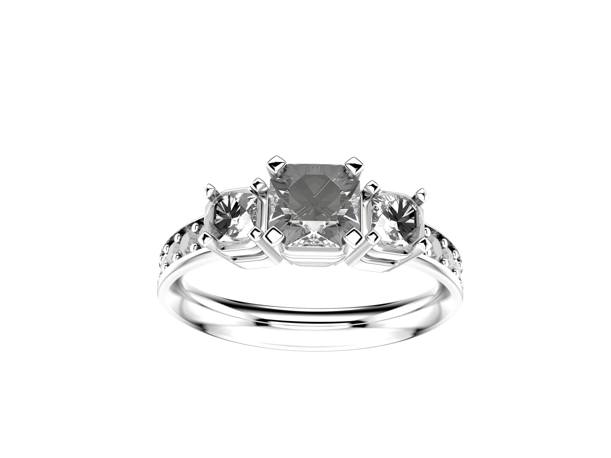 Forever threes tone engagement ring, 950‰ platinum, set with a flanders-cut diamond  from 0.4 to 0.49 carats and 2 flanders-cut diamonds totaling 0.3 carats pave with diamonds. 