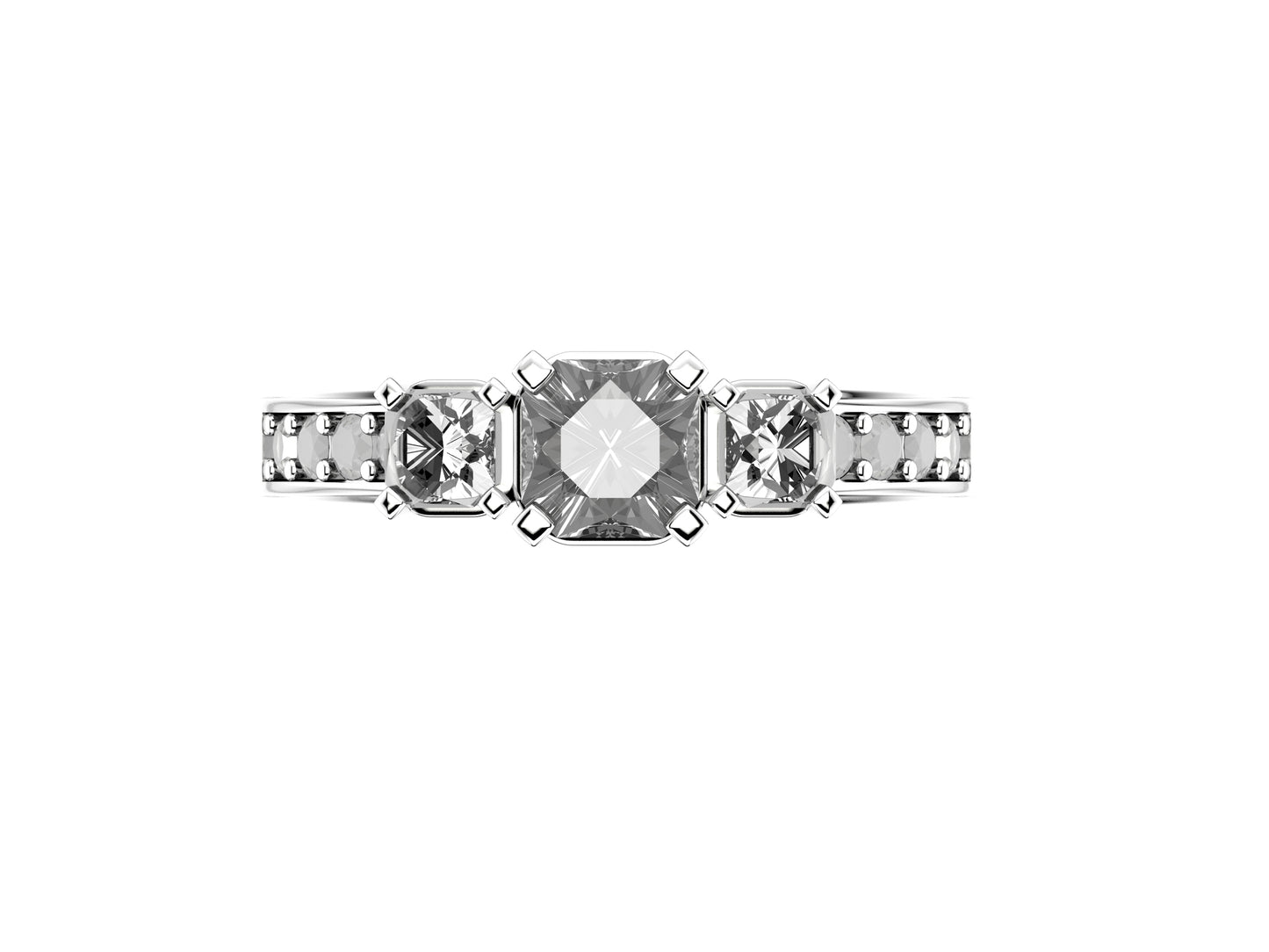 Forever threes tone engagement ring, 950‰ platinum, set with a flanders-cut diamond  from 0.4 to 0.49 carats and 2 flanders-cut diamonds totaling 0.3 carats pave with diamonds. 