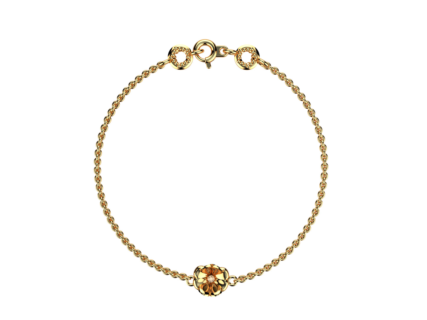 Flores de MatiJaro bracelet, 18K rose gold, set with a diamond. Thickness: 1.78 mm. Diameter of the pattern: 8,9 mm.