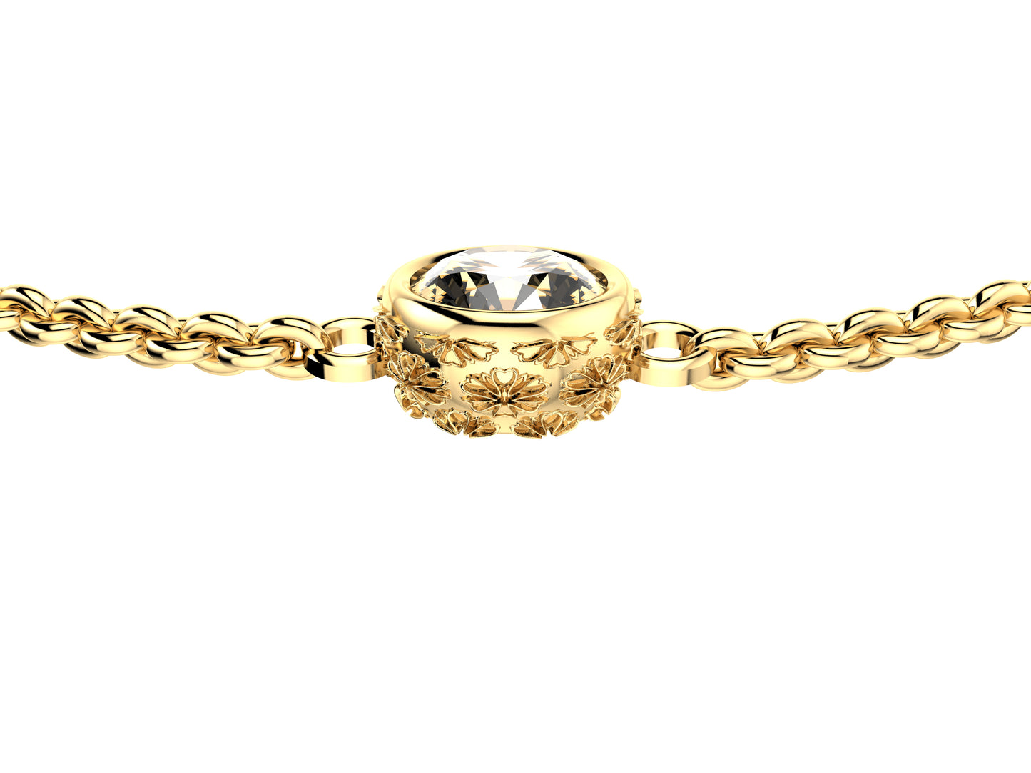 Gemmes De La Divinite bracelet, 18K yellow gold, set with a brilliant-cut diamond totaling 0.45 carat. Thickness: 2 mm. Diameter of the pattern: 6.5 mm.