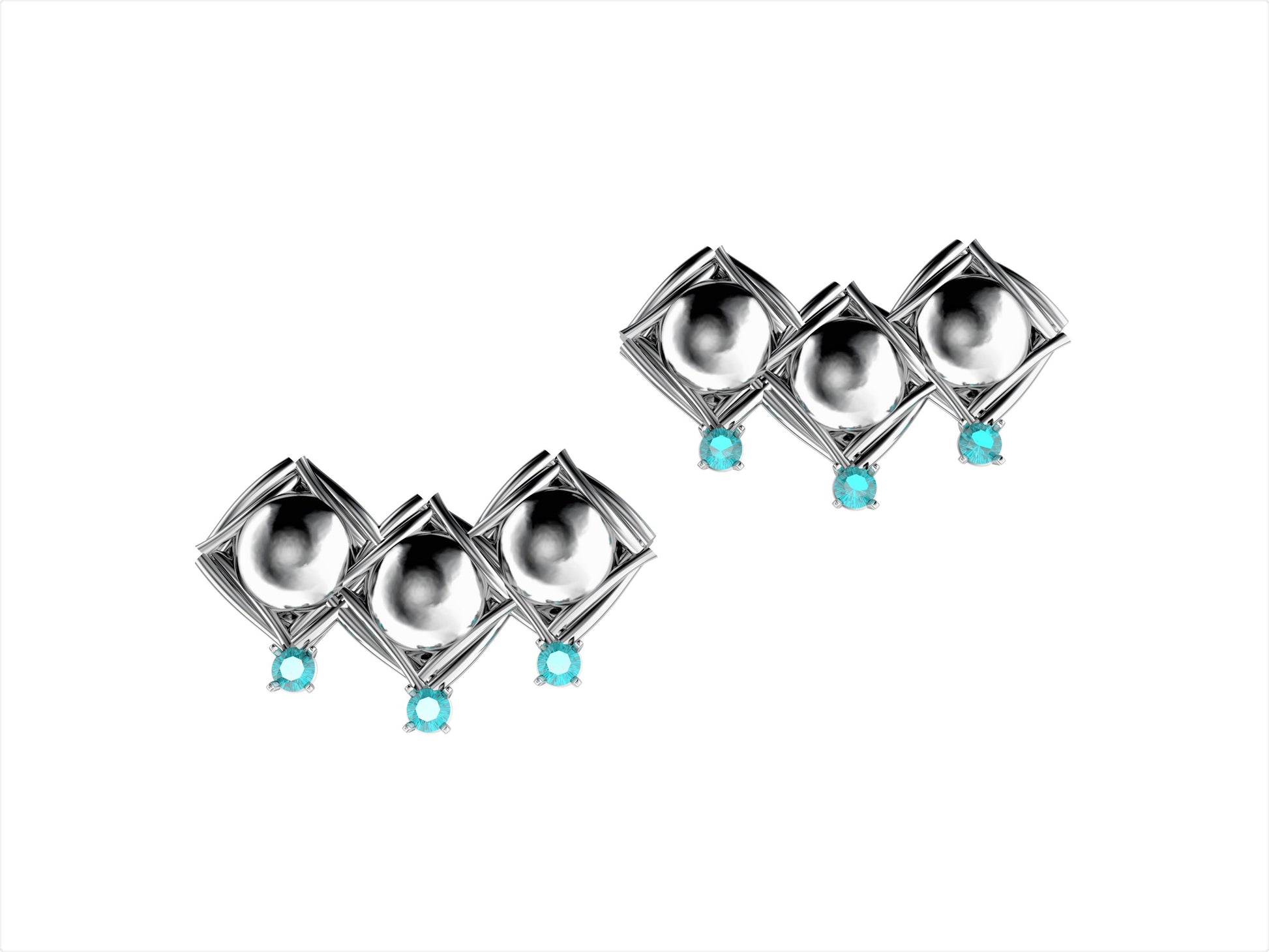 MatiJaro MJ earrings, Sterling Silver, 6 aquamarines / blue diamonds.
