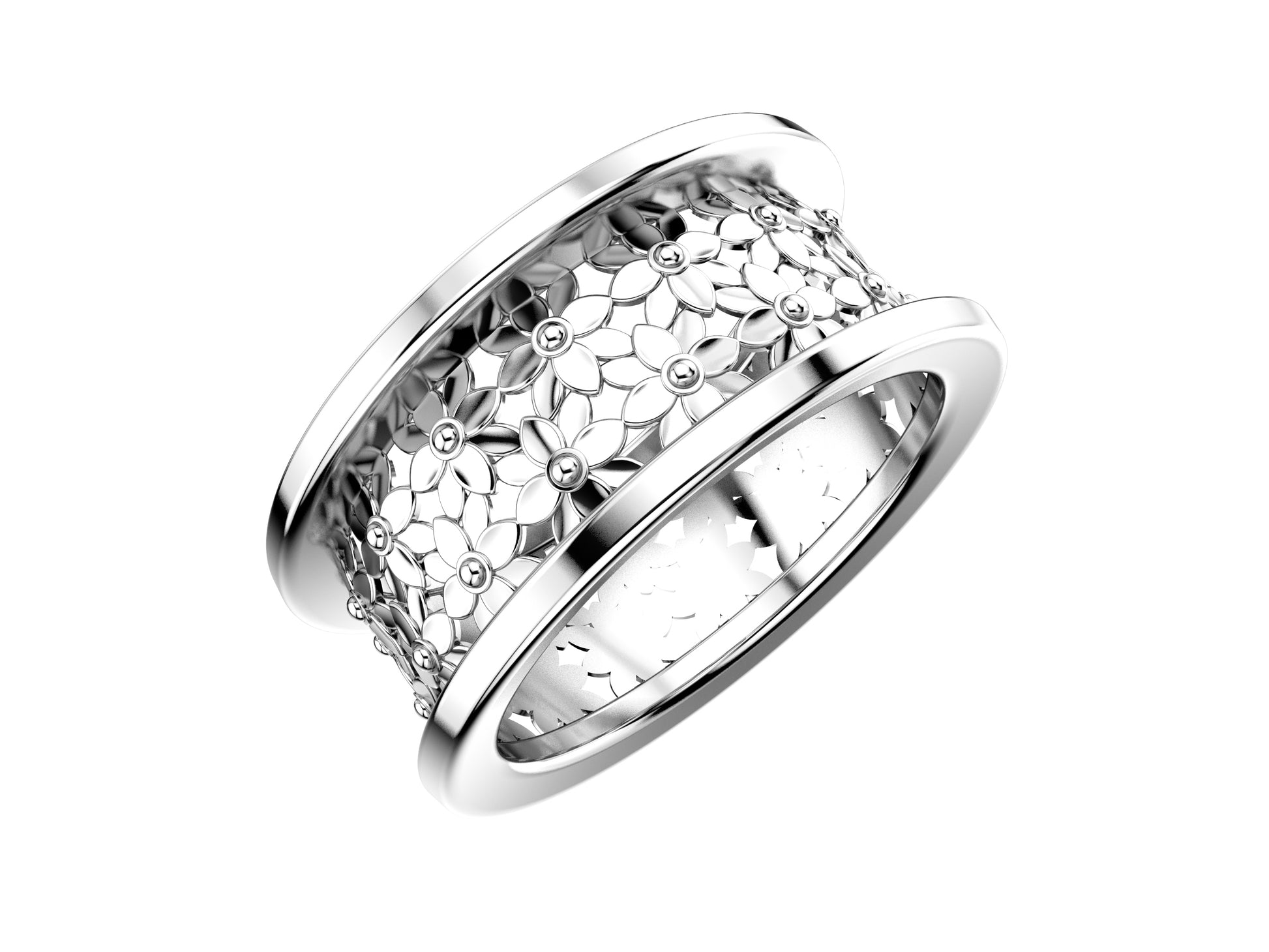 Flores de MatiJaro ring, 18K white gold. Width of the pattern: 8.1 mm.