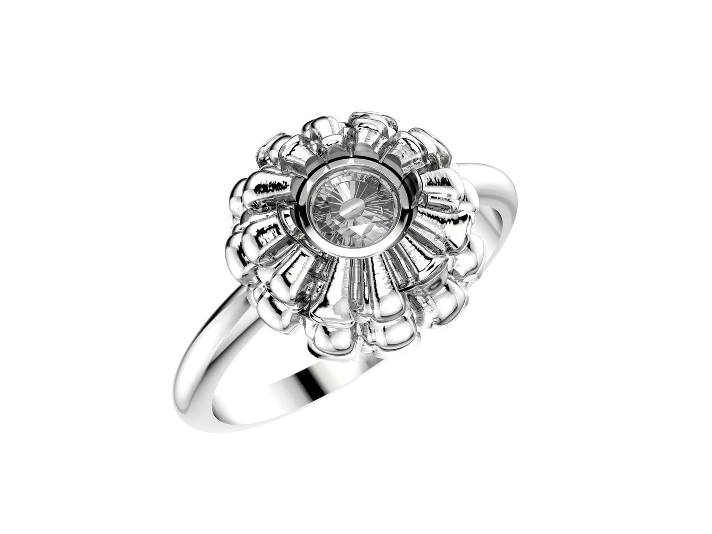 Flores de MatiJaro ring, 18K white gold set with brilliant-cut diamond totaling 0.23 carat. Width of the pattern: 21.1 mm.