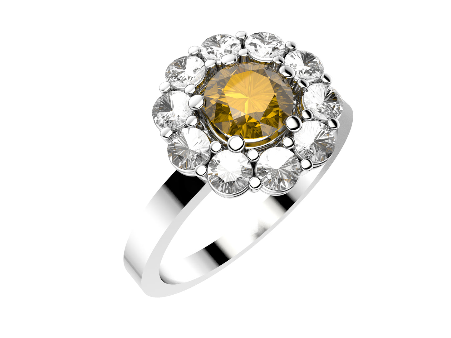 Flores engagement ring, 950‰ platinum, set with a yellow sapphire from 0.43 to 0.52 carats and paved with brilliant-cut diamonds.