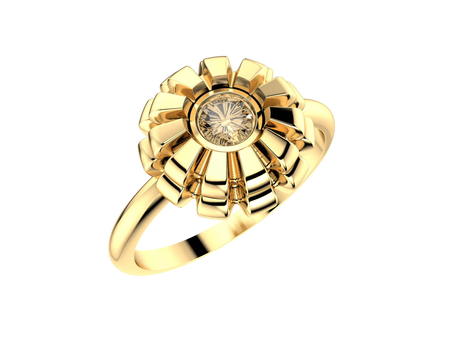 Flores de MatiJaro ring, 18K yellow gold set with brilliant-cut diamond totaling 0.2 carat. Width of the pattern: 9.2 mm.