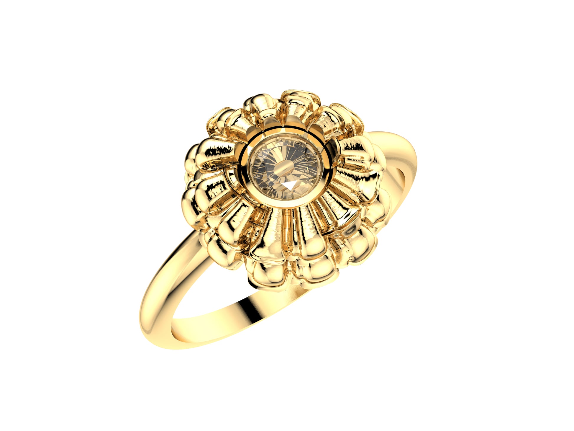 Flores de MatiJaro ring, 18K yellow gold set with brilliant-cut diamond totaling 0.23 carat. Width of the pattern: 21.1 mm.