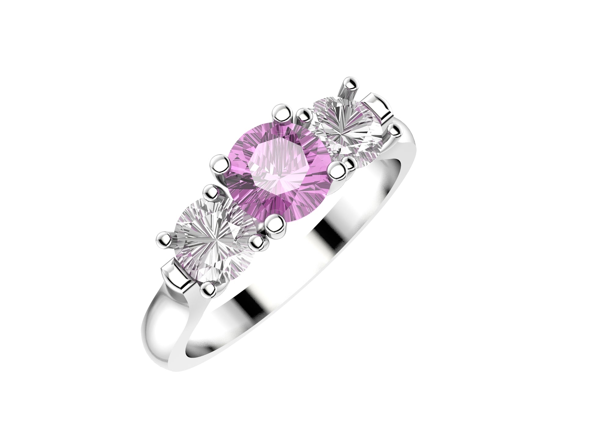 Forever three stone engagement ring, 950‰ platinum, set with a pink sapphire  from 0.47 to 0.55 carats and 2 brilliant-cut diamonds totaling 0.6 carats. 