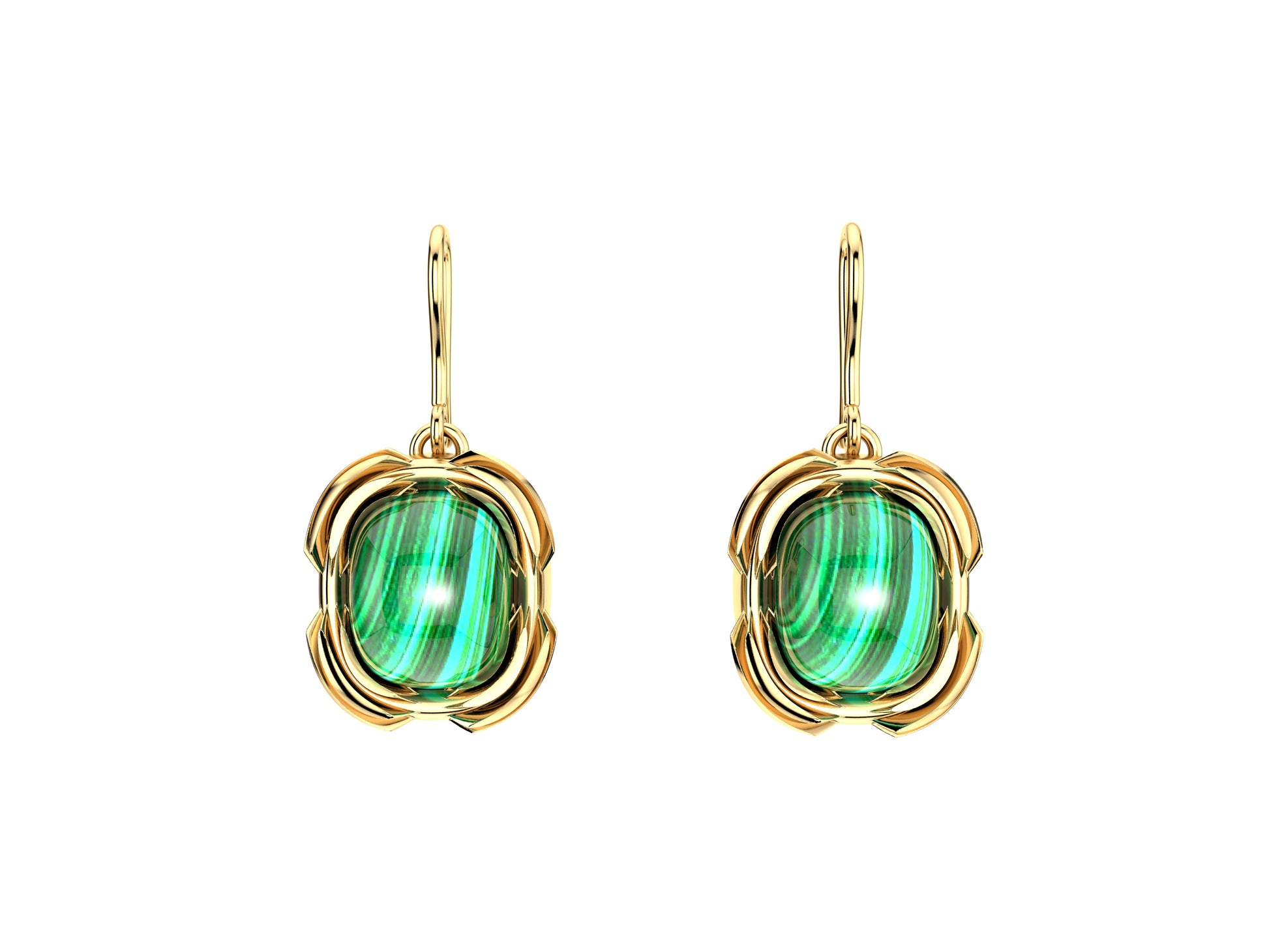 GEMMES DE LA DIVINITE earrings, 18K yellow gold, malachite, Inner diameter: 16 mm x 14 mm.   