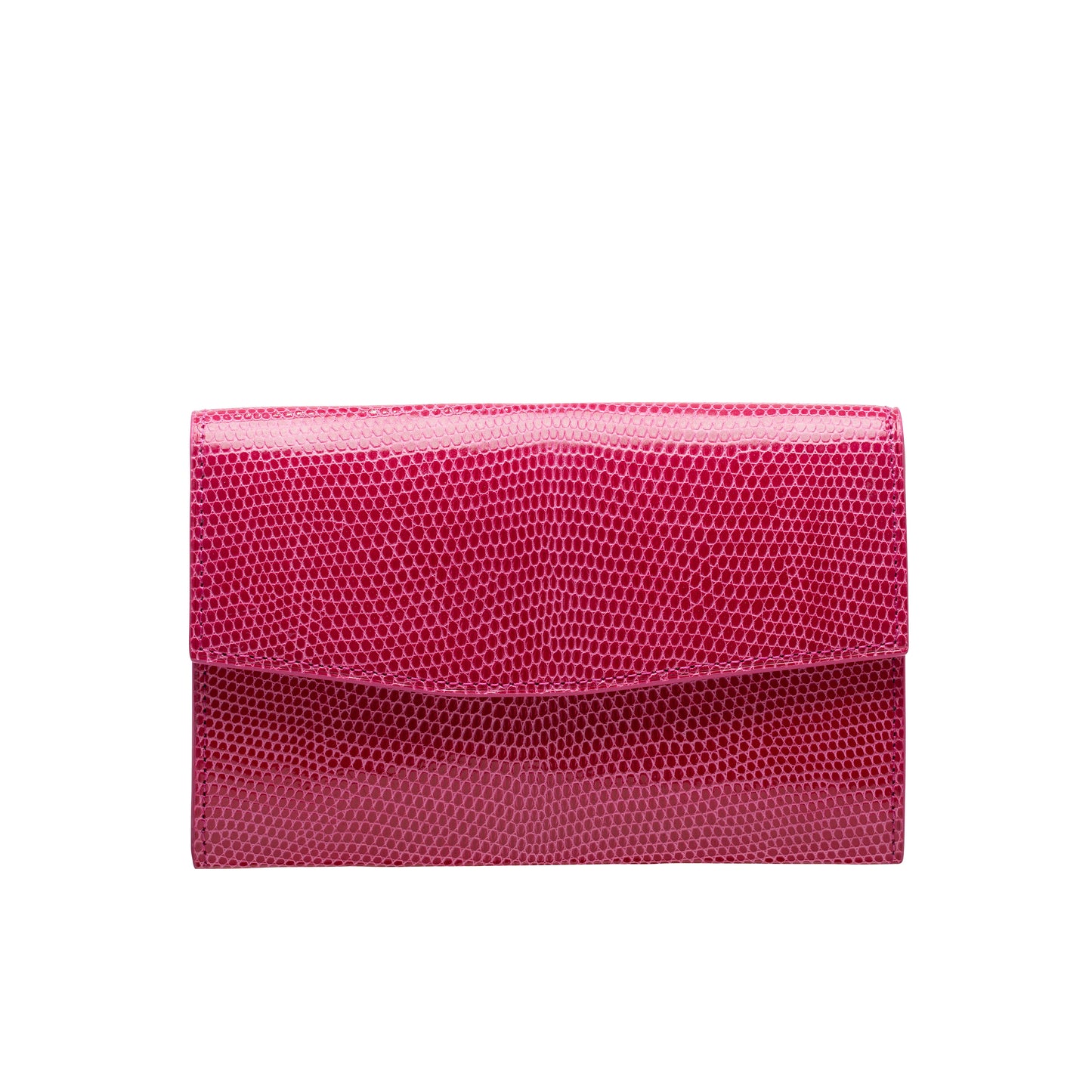 Tehuti GDLD Rainbow medium wallet in pink shiny lizard leather with  2 credit card slots, 2 pockets, zipped change purse.