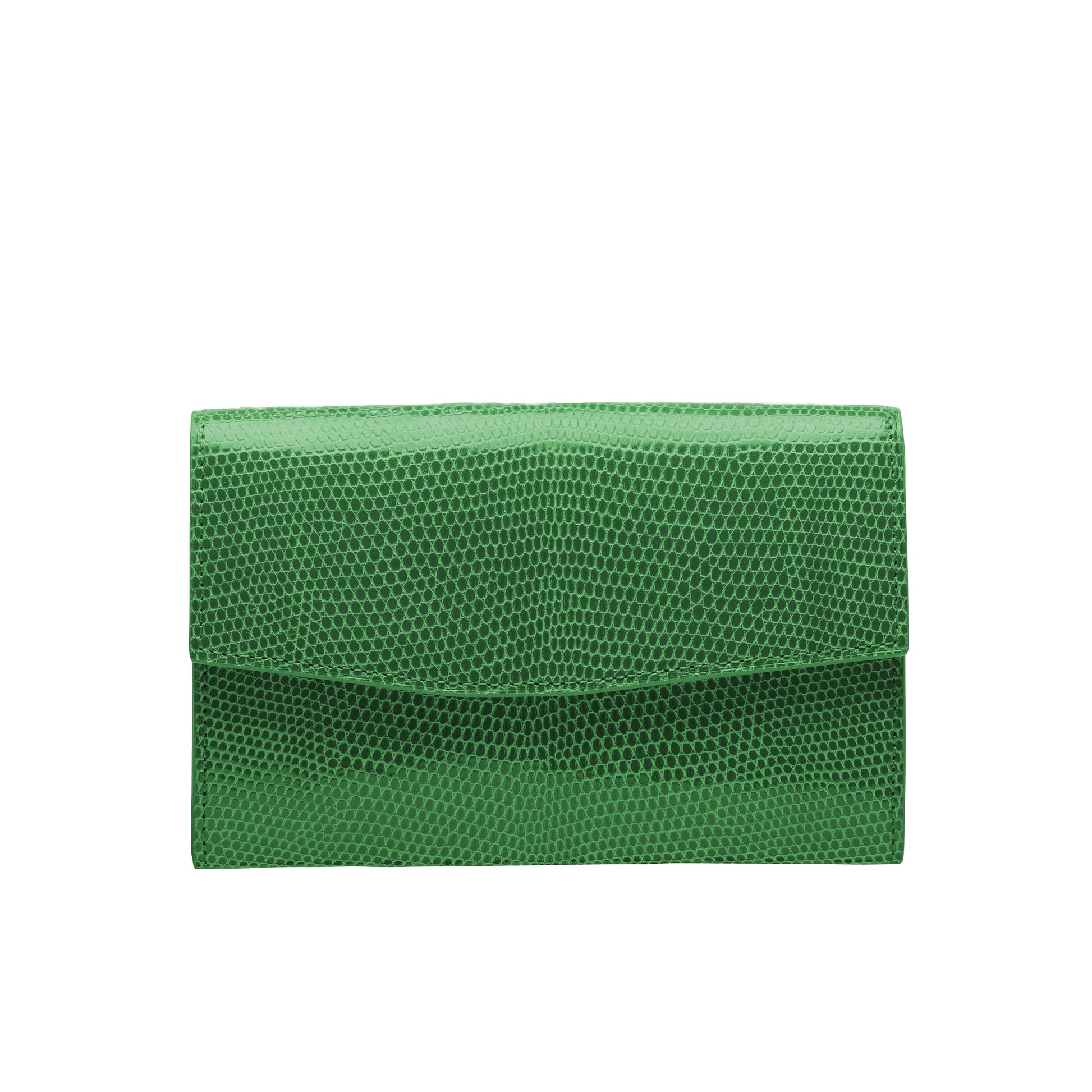Tehuti GDLD Rainbow medium wallet in Apple Green shiny lizard leather with  2 credit card slots, 2 pockets, zipped change purse.