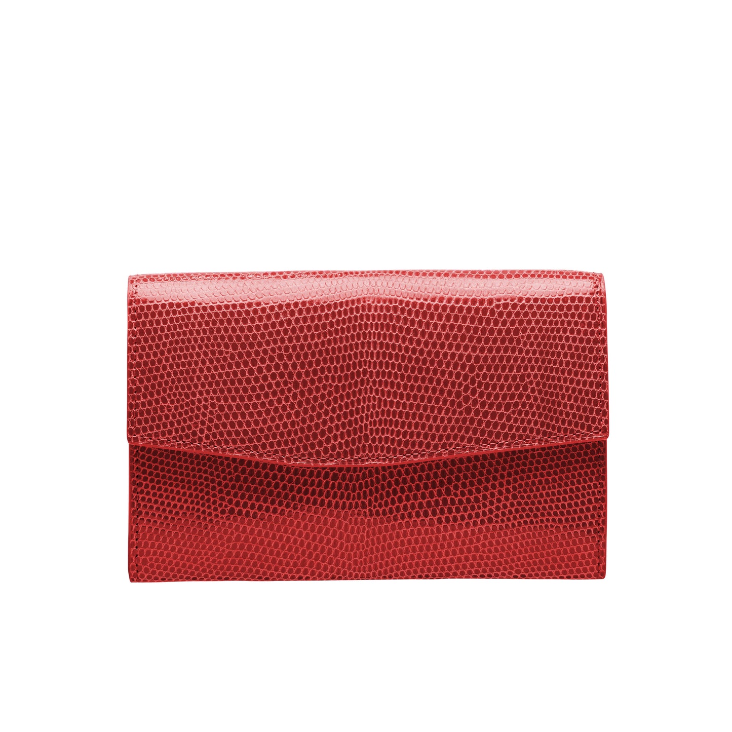 Tehuti GDLD Rainbow medium wallet in Red shiny lizard leather with  2 credit card slots, 2 pockets, zipped change purse.