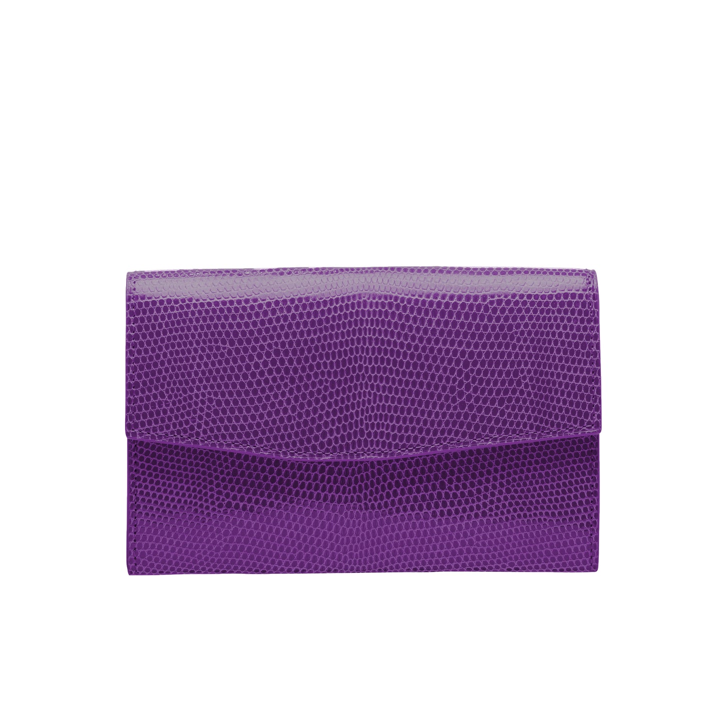 Tehuti GDLD Rainbow medium wallet in Violet shiny lizard leather with  2 credit card slots, 2 pockets, zipped change purse.