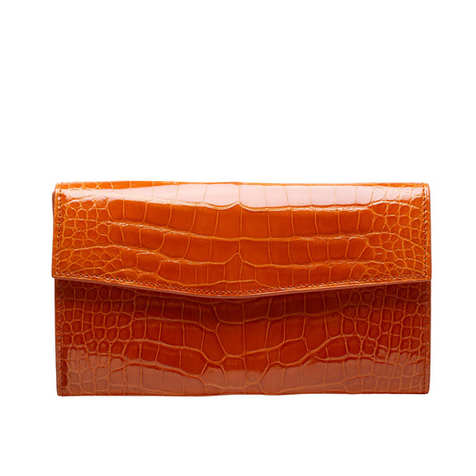 Tehuti GDLD Rainbow large wallet in orange shiny alligator leather with 2 credit card slots, 2 pockets, zipped changed purse.