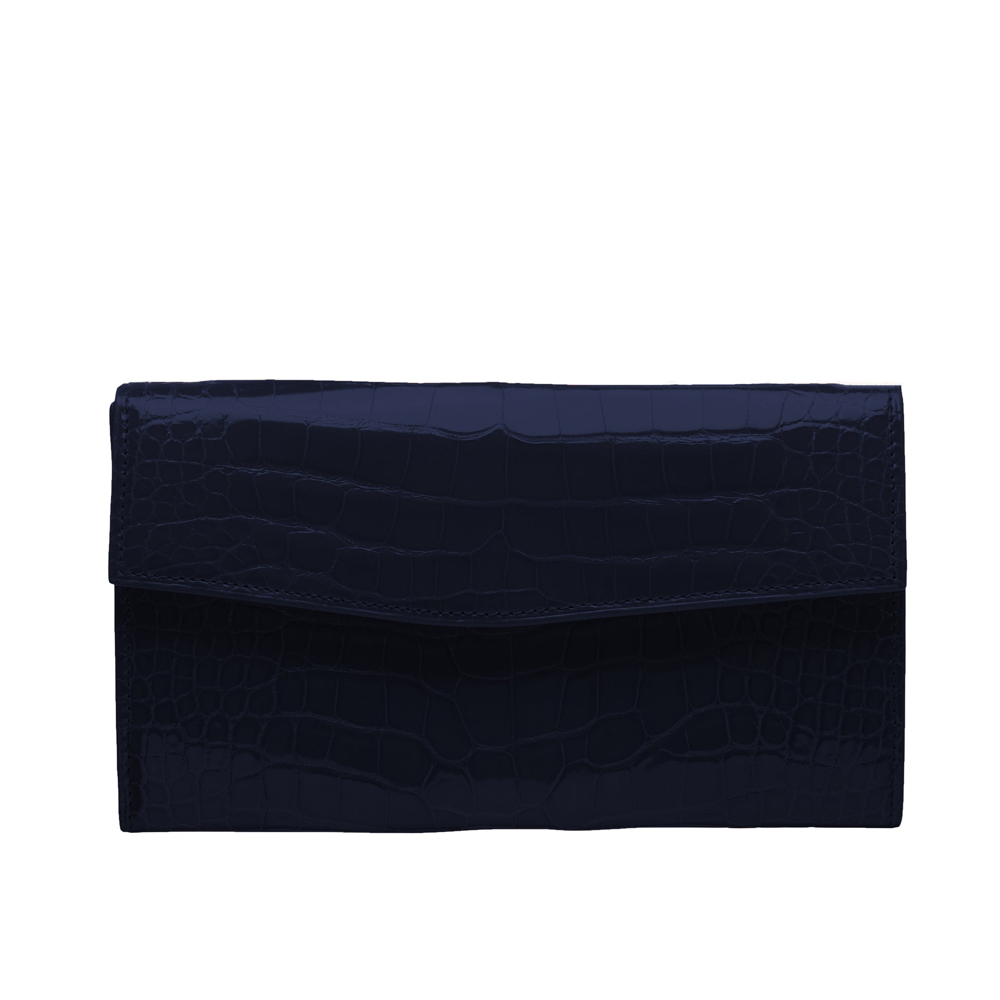 Tehuti GDLD large wallet in navy shiny alligator leather with 2 credit card slots, 2 pockets, zipped changed purse.