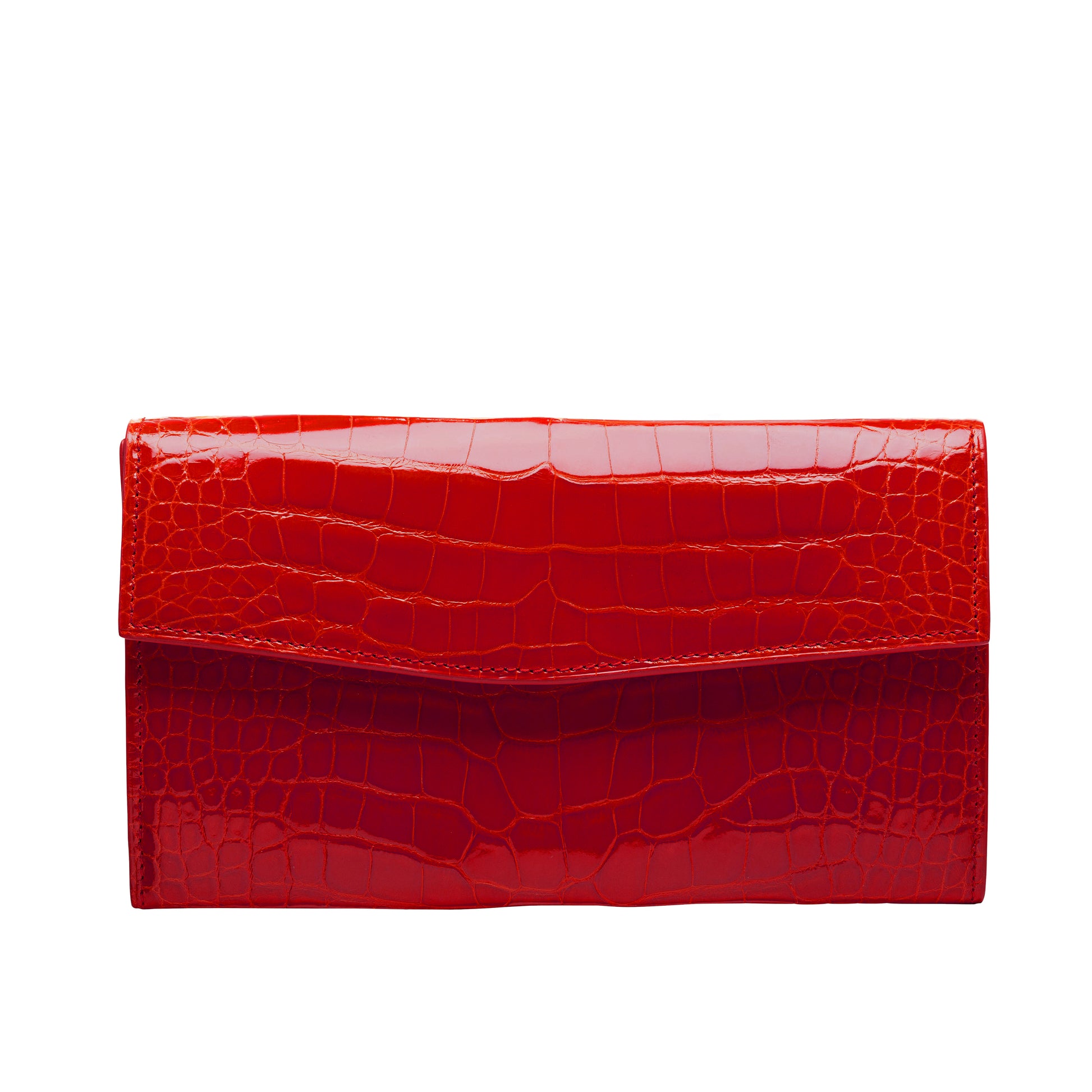 Tehuti GDLD Rainbow large wallet in red shiny alligator leather with 2 credit card slots, 2 pockets, zipped changed purse.
