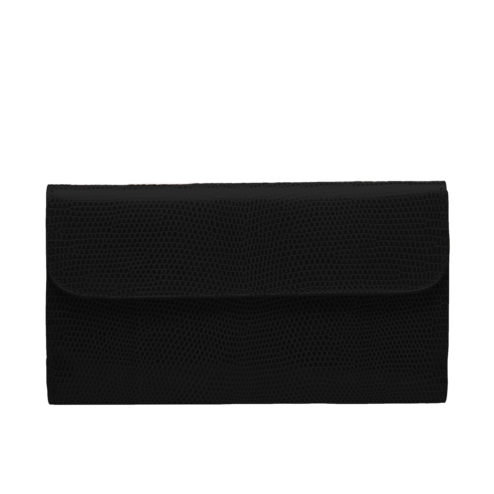 Tehuti GDLD Rainbow large wallet in  shiny lizard black leather with 8 credit card slots, 2 pockets, zipped changed purse.