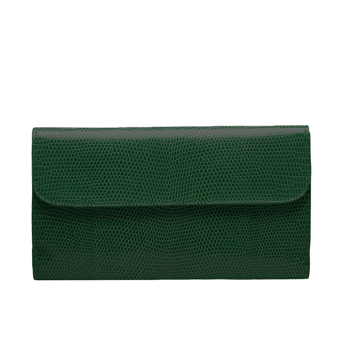 Tehuti GDLD Rainbow large wallet in  shiny lizard green leather with 8 credit card slots, 2 pockets, zipped changed purse.