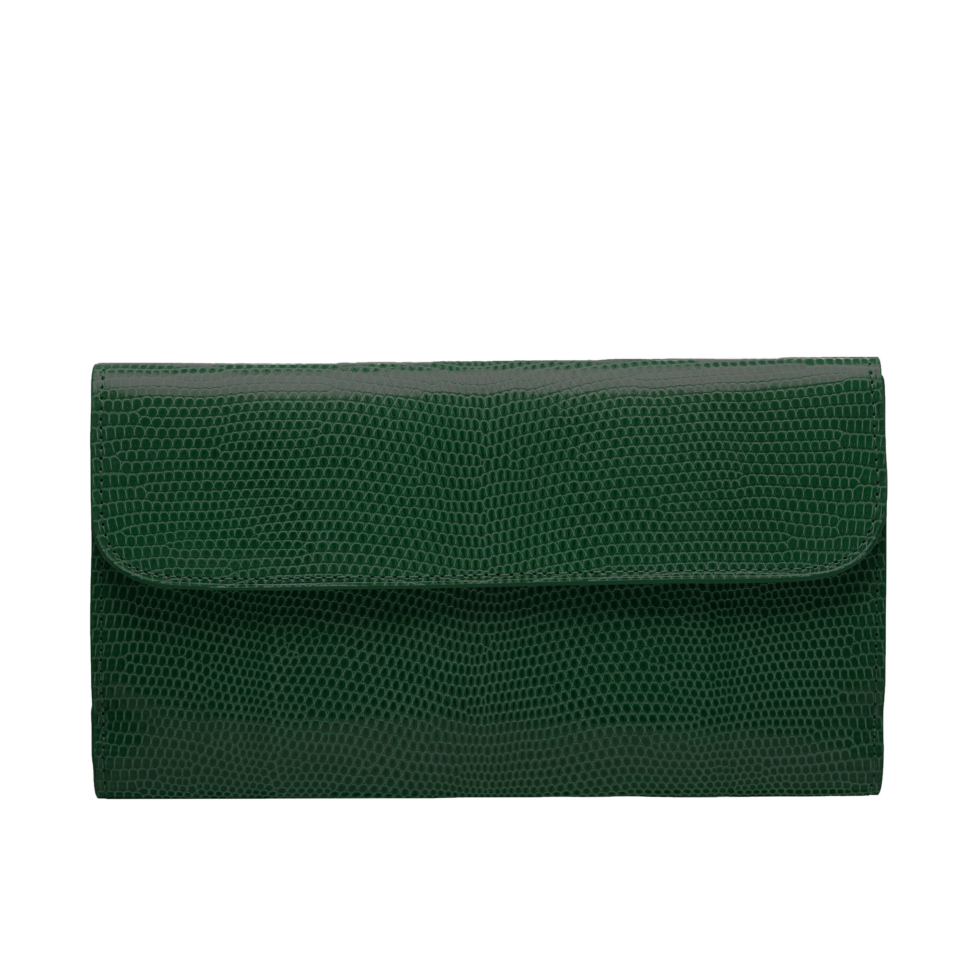 Tehuti GDLD Rainbow large wallet in  shiny lizard green leather with 8 credit card slots, 2 pockets, zipped changed purse.