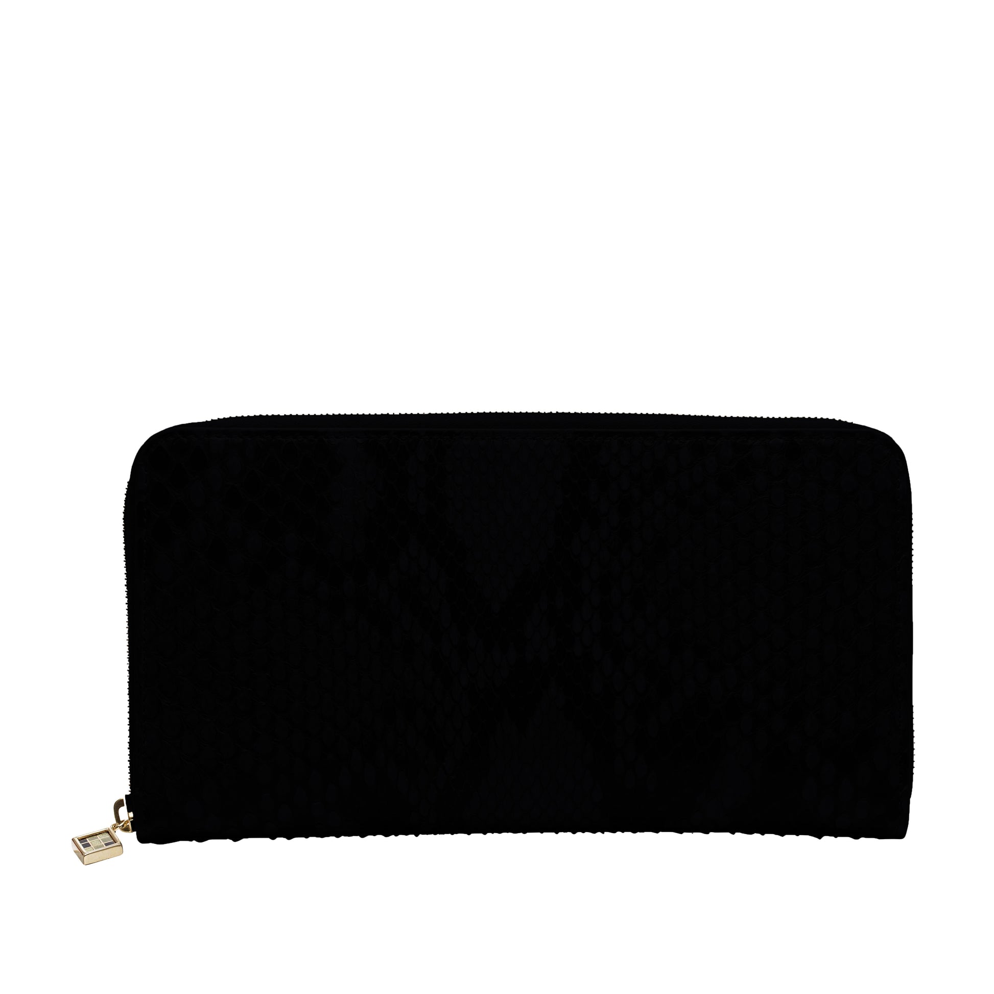 Louvre Creations zip wallet in black mat python with  4 credit card slots, 3 pockets, zipped change purse. Iconic logo zip puller in gold brass.