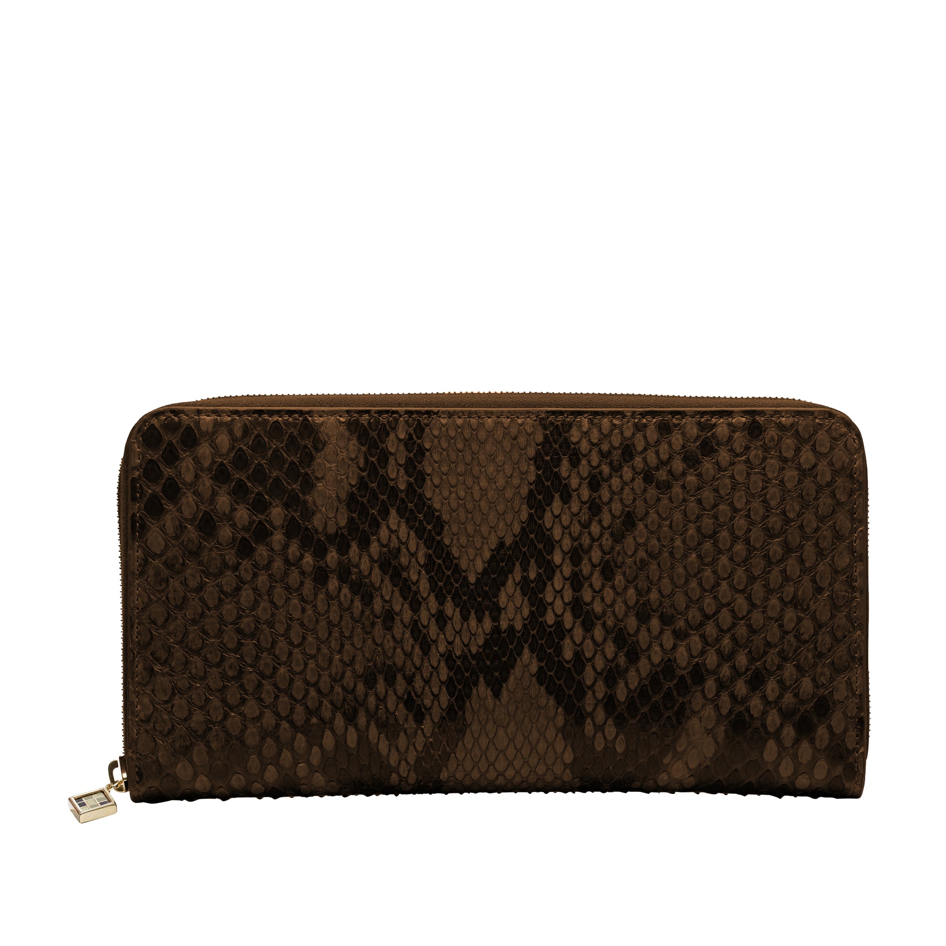 Louvre Creations zip wallet in brown mat python with  4 credit card slots, 3 pockets, zipped change purse. Iconic logo zip puller in gold brass.