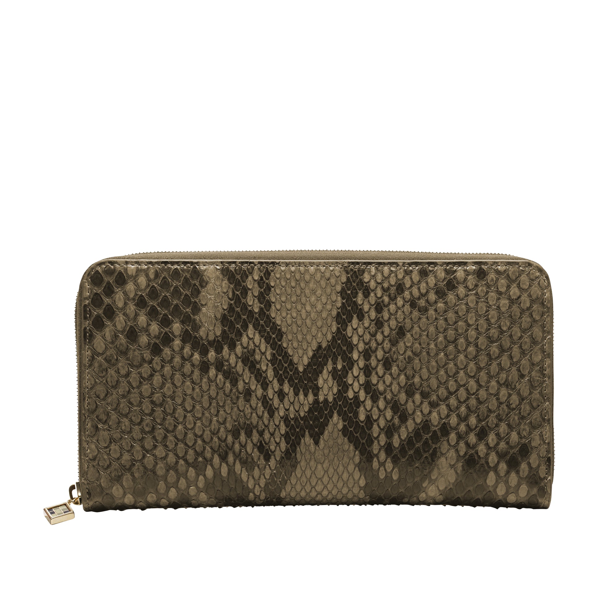 Louvre Creations zip wallet in natural mat python with  4 credit card slots, 3 pockets, zipped change purse. Iconic logo zip puller in gold brass.