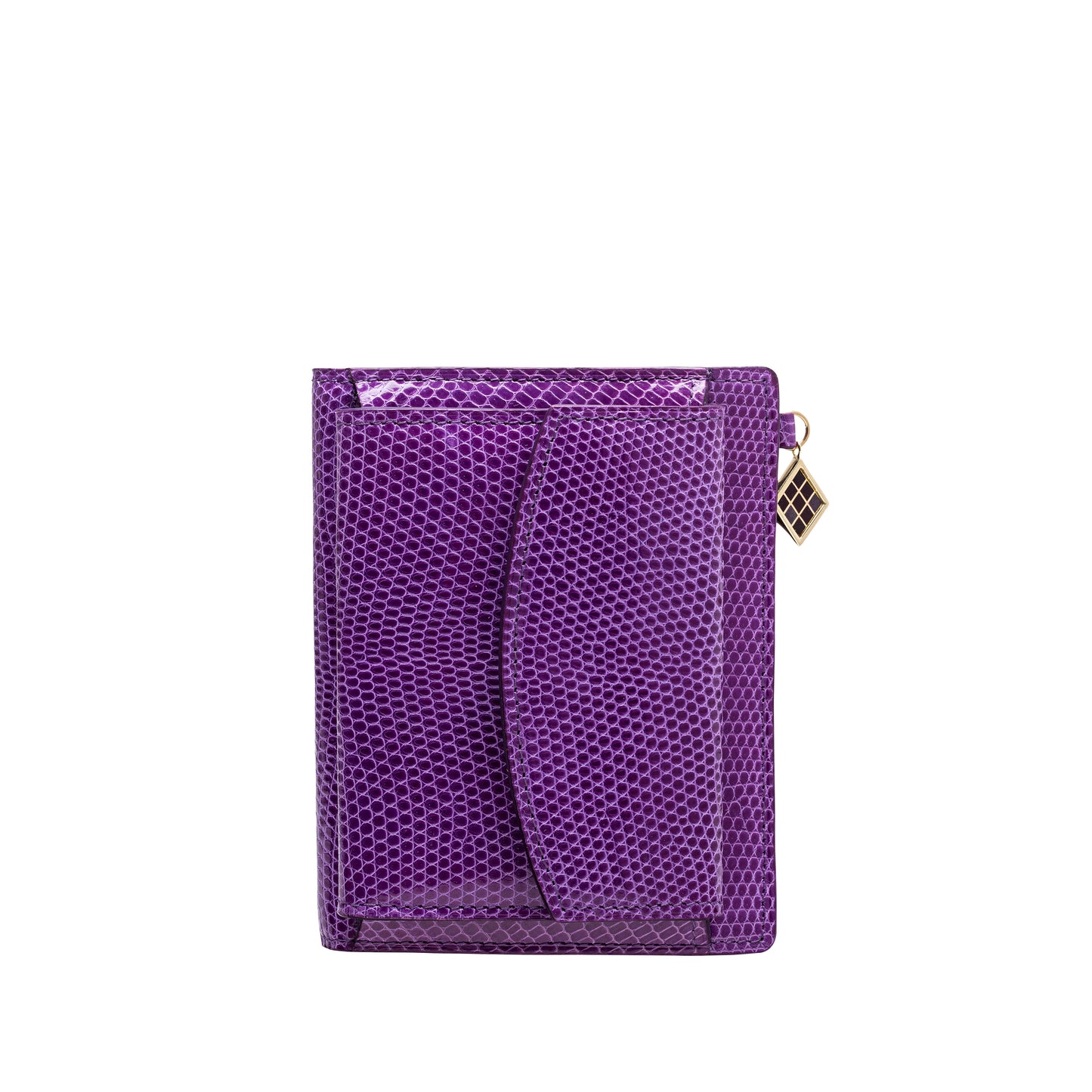 Louvre Creations Super Compact Wallet in violet shiny lizard leather with 1 credit card slot, 3 pockets and 1 change purse with closure on the back. Iconic TEHUTI charm in gold brass, complete with colored enamel.