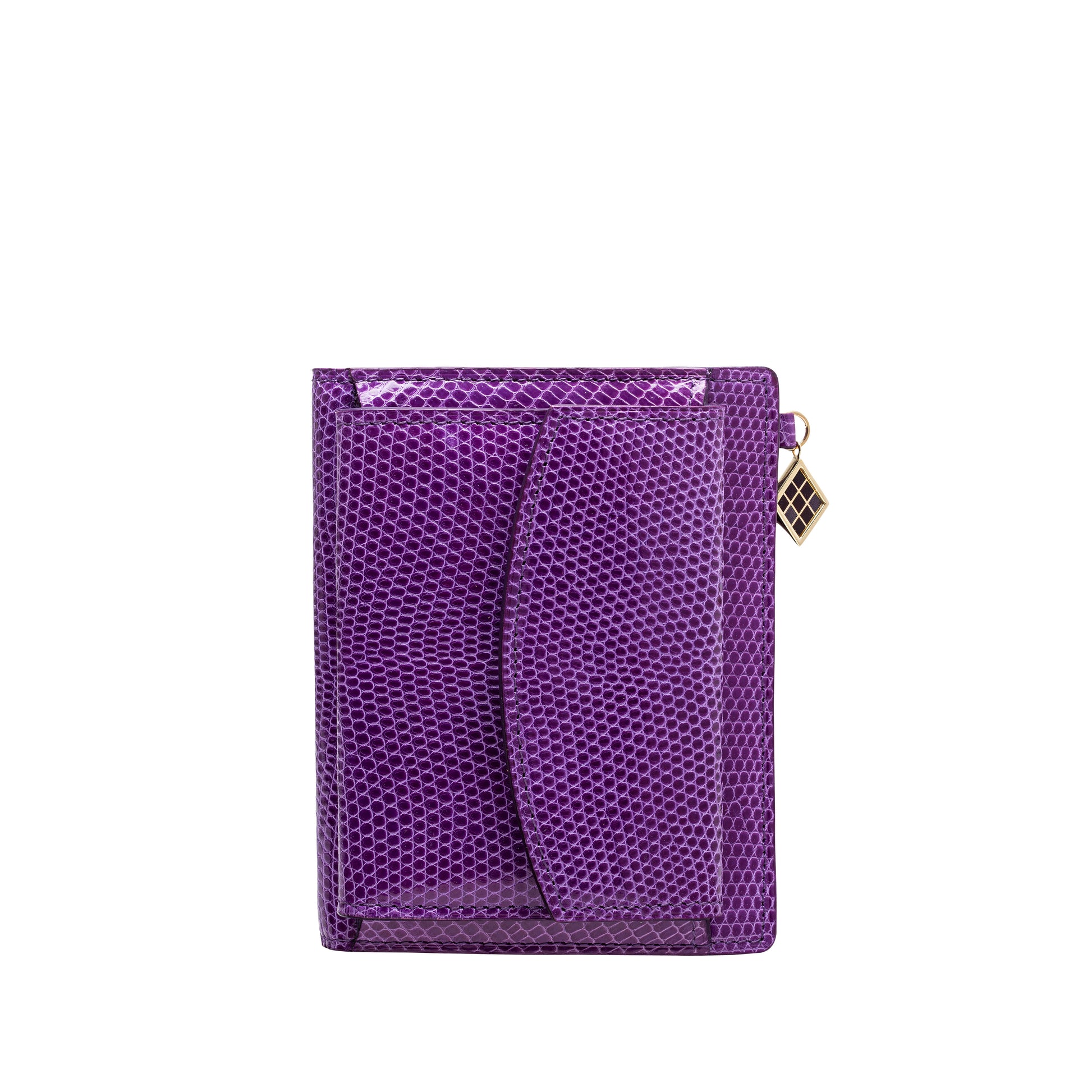 Louvre Creations Super Compact Wallet in Violet shiny lizard leather with 1 credit card slot, 3 pockets and 1 change purse with closure on the back. Iconic TEHUTI GDLD charm in gold brass, complete with colored enamel.