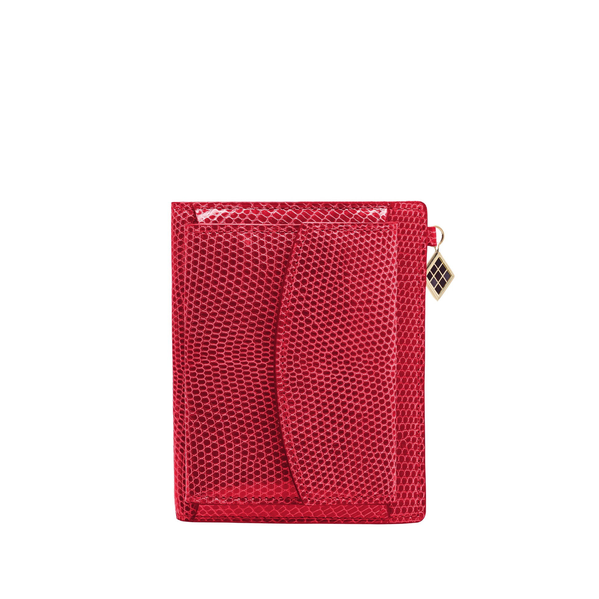 Louvre Creations Super Compact Wallet in Fushia shiny lizard leather with 1 credit card slot, 3 pockets and 1 change purse with closure on the back. Iconic TEHUTI GDLD charm in gold brass, complete with colored enamel.