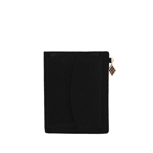 Louvre Creations Super Compact Wallet in Black shiny lizard leather with 1 credit card slot, 3 pockets and 1 change purse with closure on the back. Iconic TEHUTI GDLD charm in gold brass, complete with colored enamel.