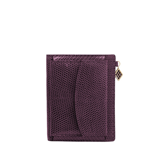 Louvre Creations Super Compact Wallet in plump shiny lizard leather with 1 credit card slot, 3 pockets and 1 change purse with closure on the back. Iconic TEHUTI GDLD charm in gold brass, complete with colored enamel.
