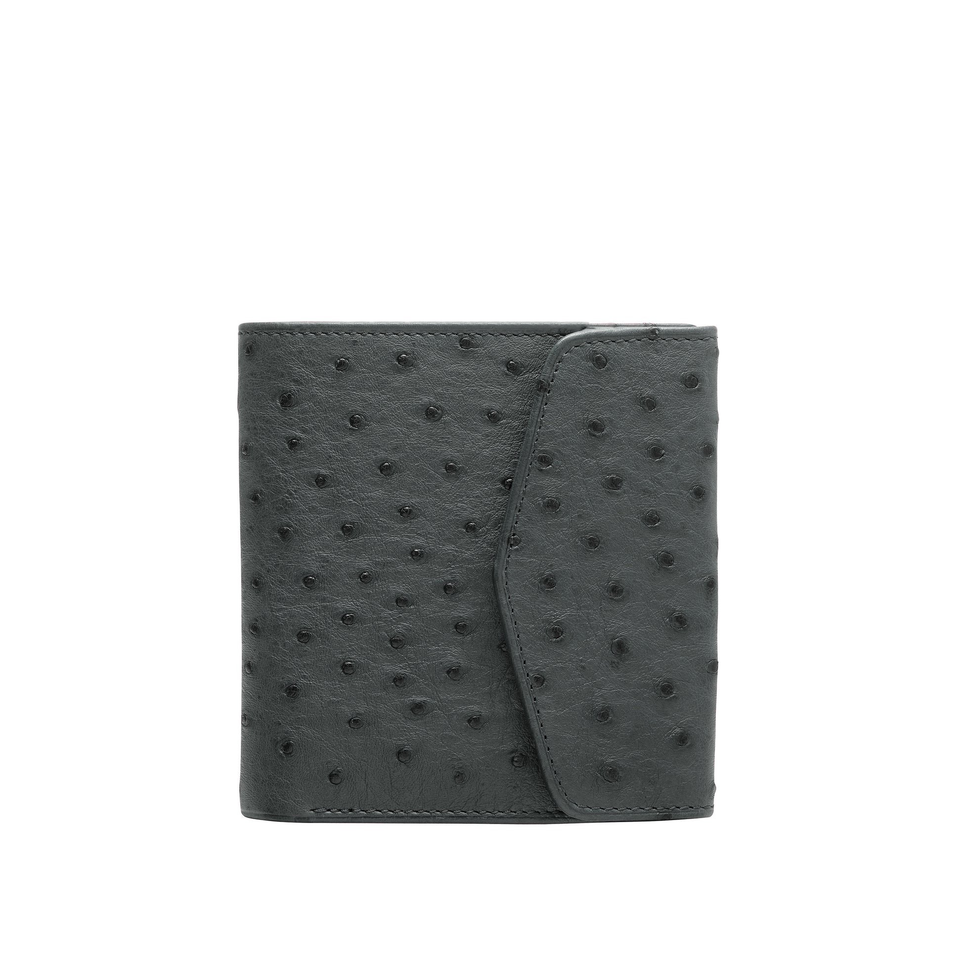Tehuti GDLD Rainbow super compact wallet in Dark grey ostrich leather with 6 credit card slots, 3 pockets and 1 change purse with closure on the back.
