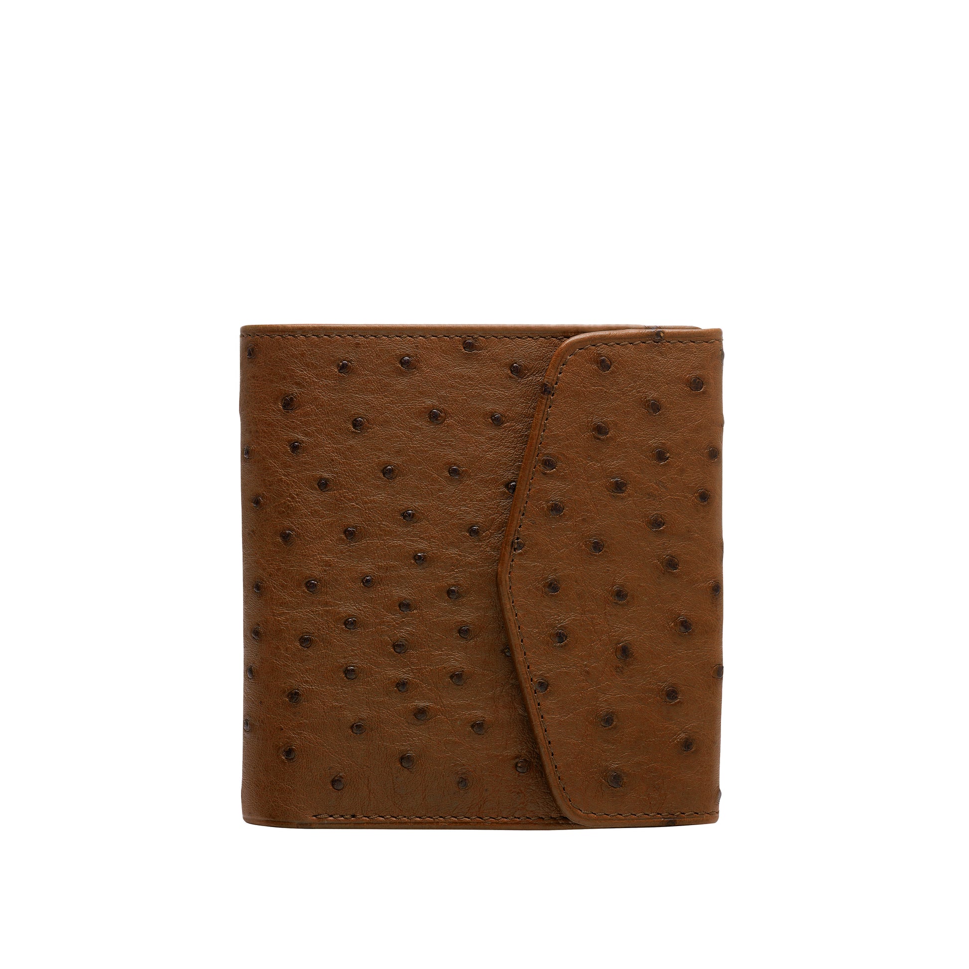 Tehuti GDLD Rainbow super compact wallet in Gold ostrich leather with 6 credit card slots, 3 pockets and 1 change purse with closure on the back.