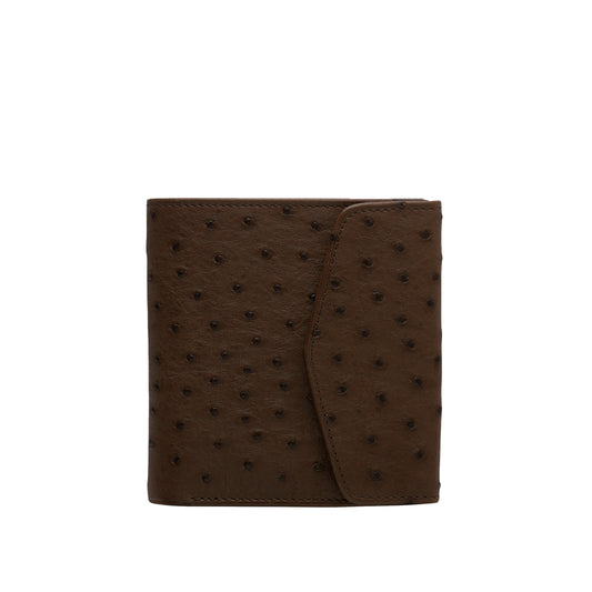 Tehuti GDLD Rainbow super compact wallet in Tabaco Kengo ostrich leather with 6 credit card slots, 3 pockets and 1 change purse with closure on the back.