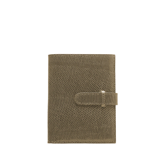 Tehuti GDLD Man Compact wallet in shiny cappucino lizard leather with 4 credit card slots, 4 pockets, zipped change purse.