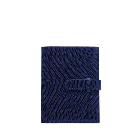 Tehuti GDLD Man Compact wallet in shiny blue lizard leather with 4 credit card slots, 4 pockets, zipped change purse.