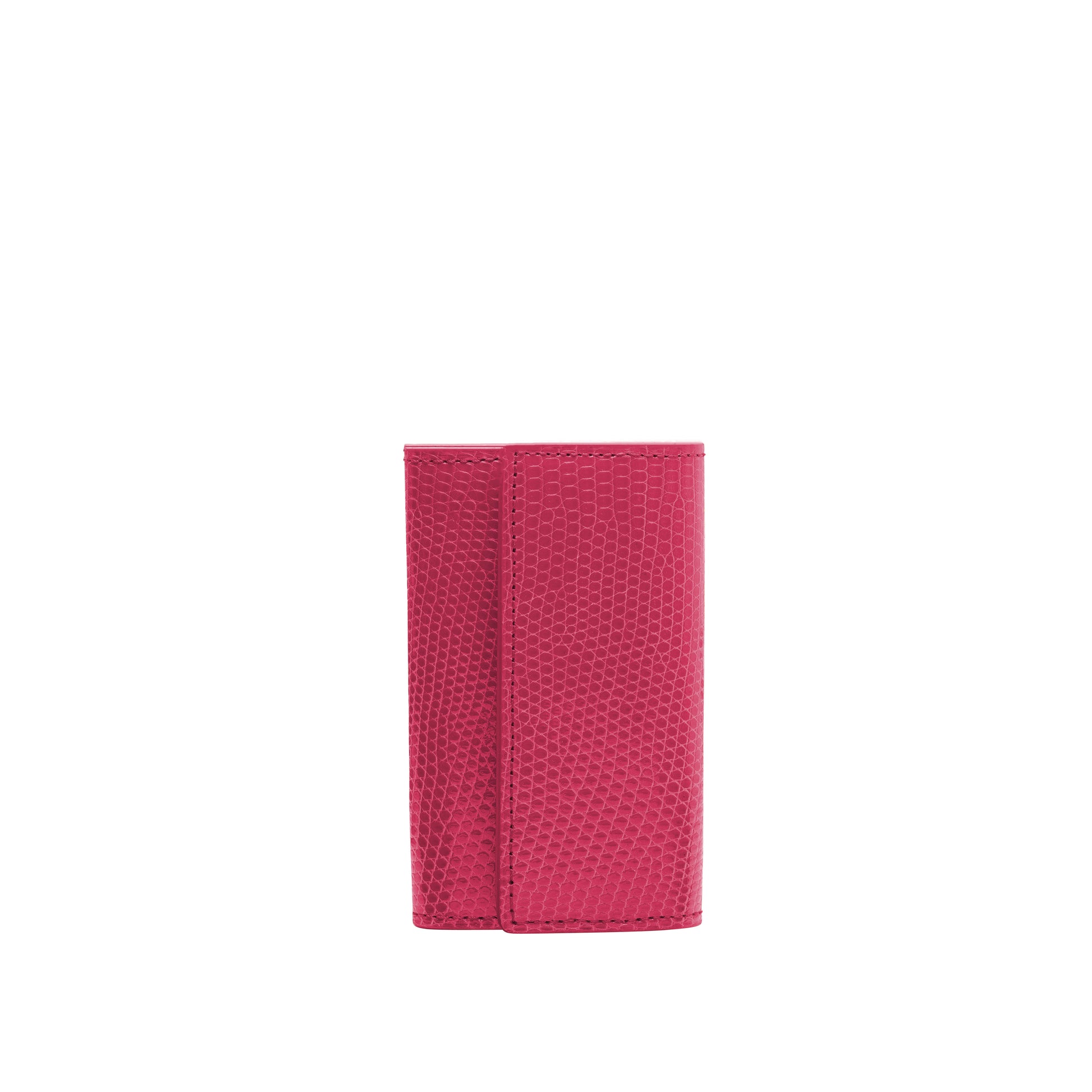 Small keyholder in Pink shiny lizard leather. Six internal key holders and one open compartment inside. Flap closure with clip.