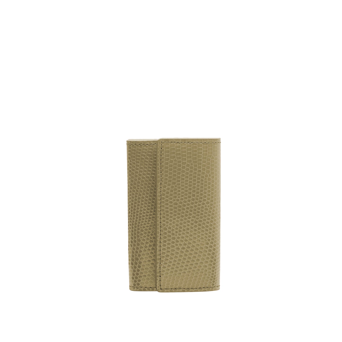 Small keyholder in cappuccino shiny lizard leather. Six internal key holders and one open compartment inside. Flap closure with clip.