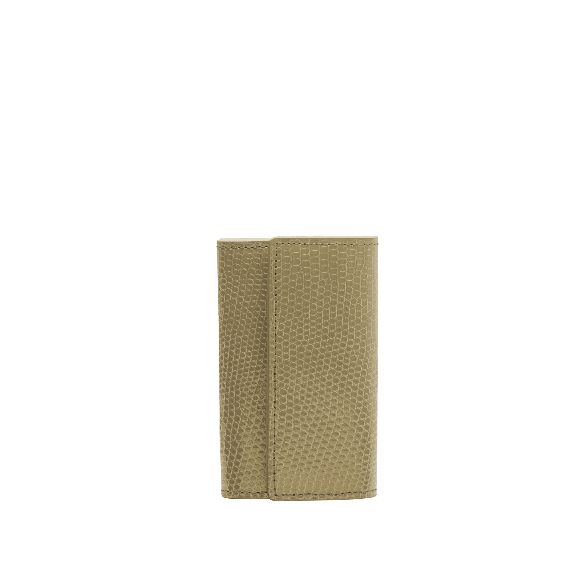 Small keyholder in cappuccino shiny lizard leather. Six internal key holders and one open compartment inside. Flap closure with clip.
