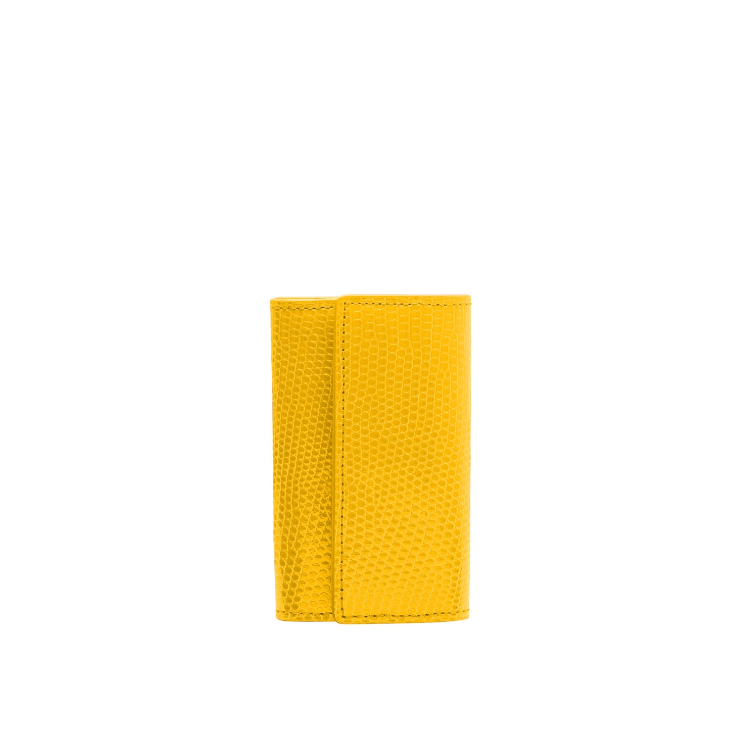 Small keyholder in Yellow shiny lizard leather. Six internal key holders and one open compartment inside. Flap closure with clip.