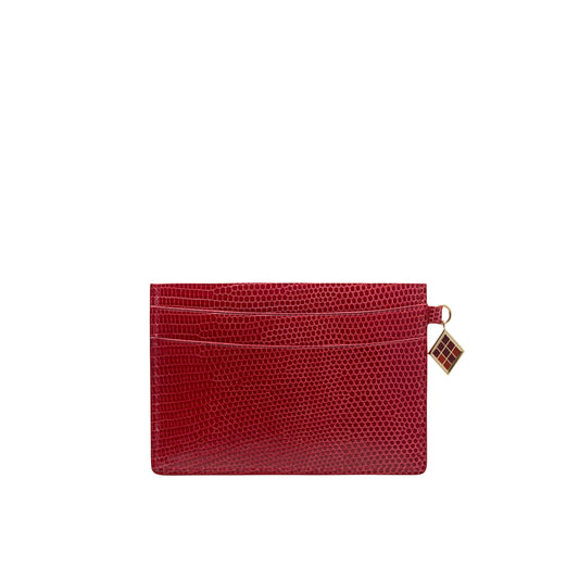 Louvre Creations Card Holder in rouge lizard leather with 3 credit card slots. Iconic TEHUTI GDLD charm in gold brass, complete with colored enamel.